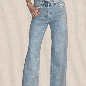 NWT High Waisted Diamanté Straight Leg Rhinestone Ingrained Denim Jeans